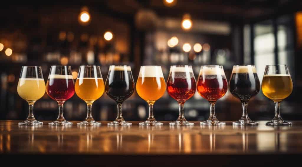 A lineup of seven different types of beer glasses on a bar counter